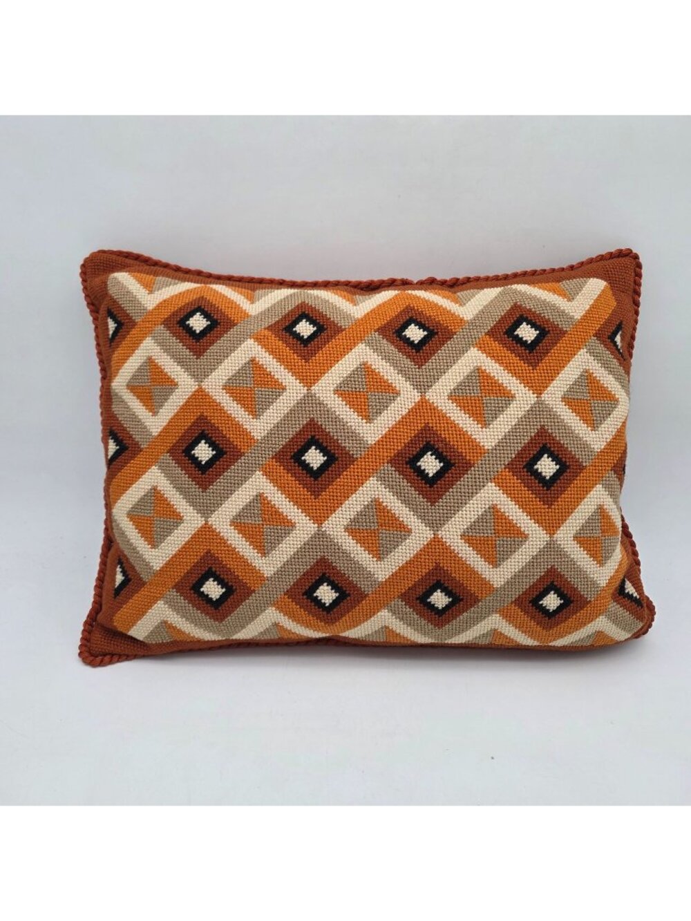 1960s Geometric Needlepoint Throw Pillow With Velvet Back In Orange 18"